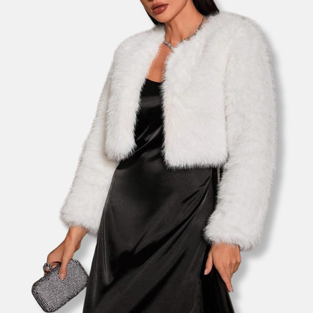 Women’s Coat - Faux Fur - Cropped Length - Open Front - Collarless - Long Sleeve