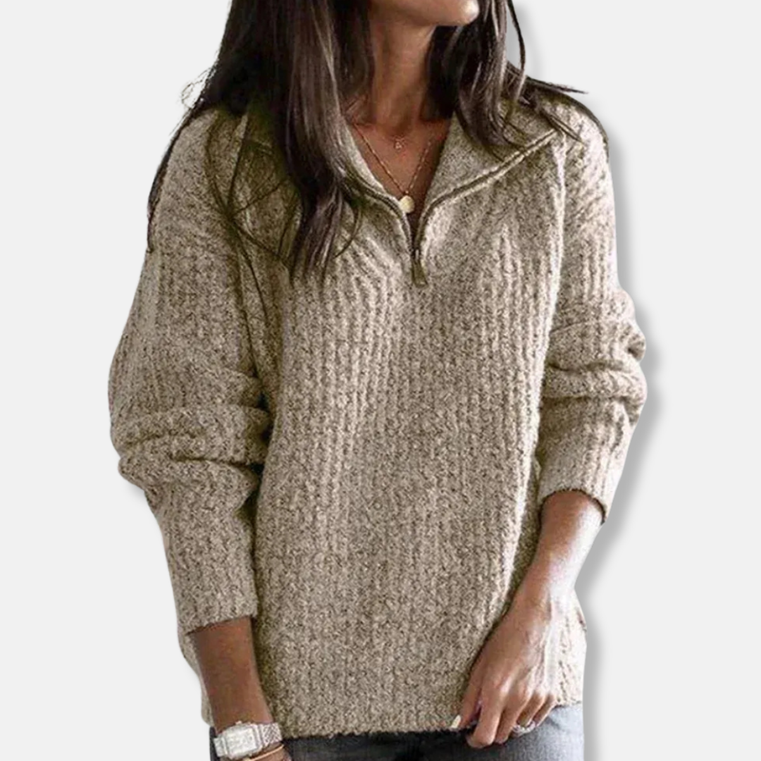 Women's Sweater with Half-Zip – Relaxed Fit – Chunky Knit – Soft Wool Texture