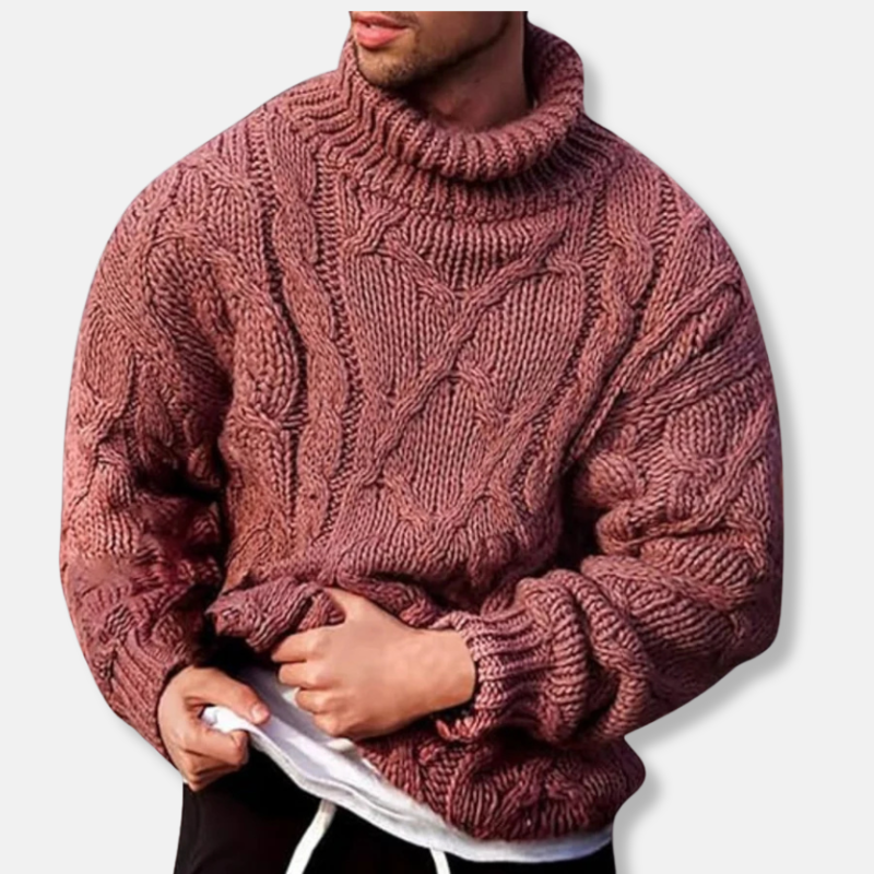 Men's Sweater – Knit – Relaxed Fit – Thick Cable Knit – High Turtleneck