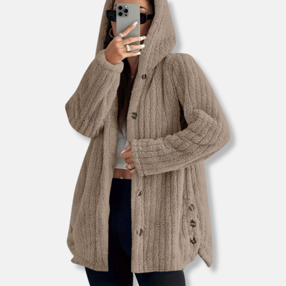 Women's Coat – Oversize Fit – Hood – Soft Texture – Button Closure – Mid-Length