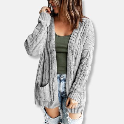 Women's Cardigan – Knit – Relaxed Fit – Cable Knit – Open Front – Pockets