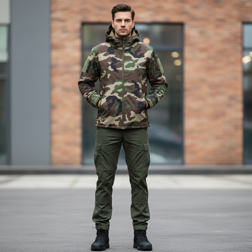 Men's Outdoor Jacket - Military-Inspired Style - Full Zip - Adjustable Hood