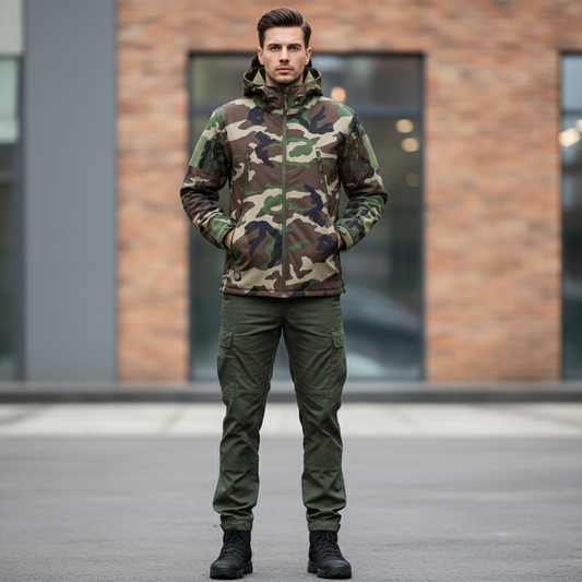 Men's Outdoor Jacket - Military-Inspired Style - Full Zip - Adjustable Hood