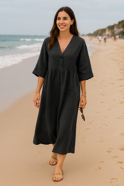 Women's Maxi Dress – Relaxed Fit – Airy Silhouette – Cotton-like Comfort – Button Closure
