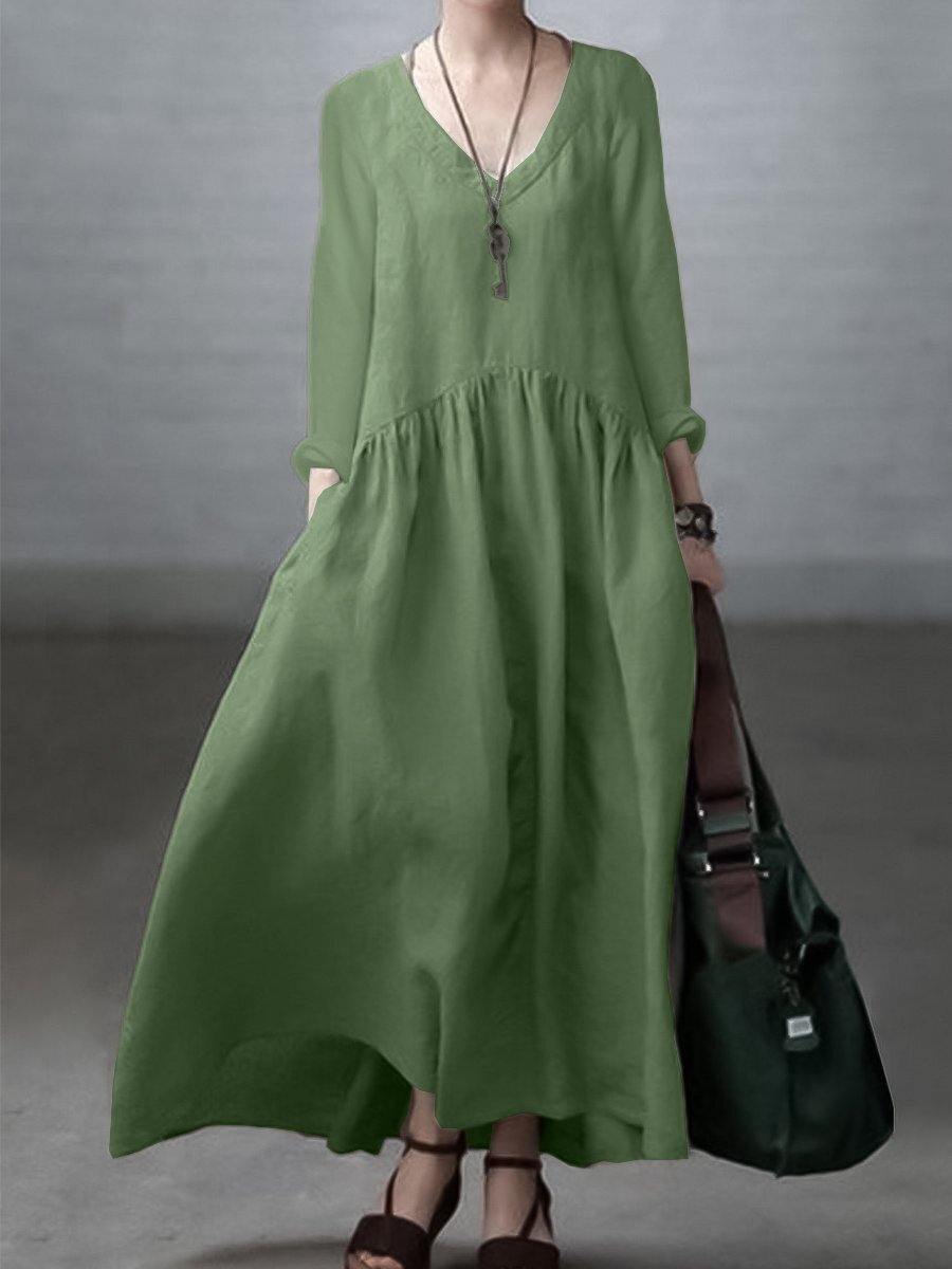 Dress for Women – Maxi – Relaxed Fit – V-Neck – Long Sleeves – Pockets