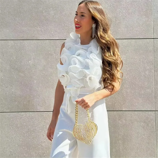 Women's Jumpsuit - Sleeveless Top with Voluminous Ruffles - High-Waisted Wide Pants