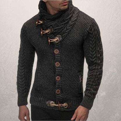 Herre Striktrøje - Høj Krave med Knapper - Kabelstrik - Slim Fit med Frontlommer