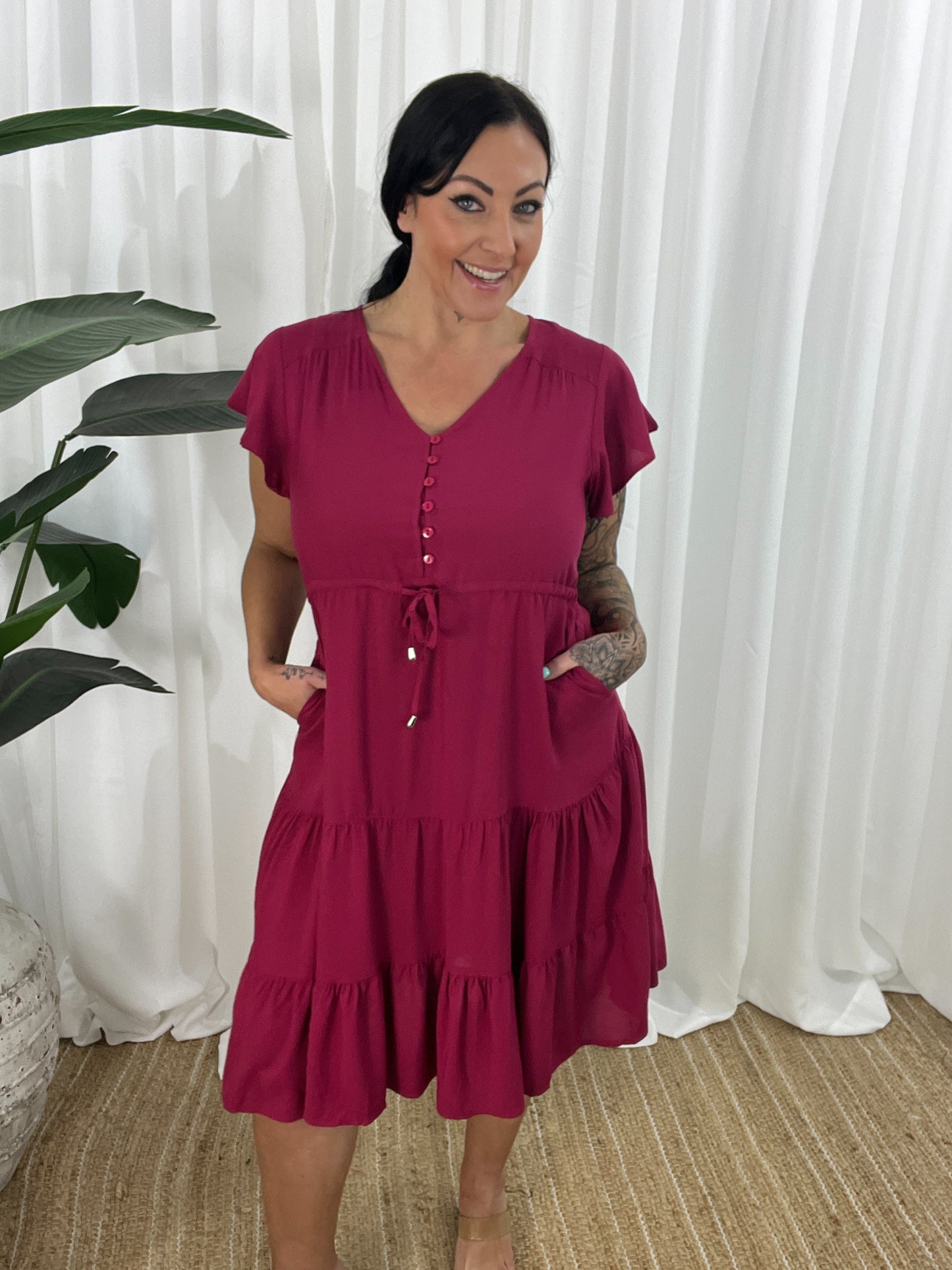 Women's Dress - V-neck - Button Closure - Adjustable Waist - Short Sleeves - Loose Fit