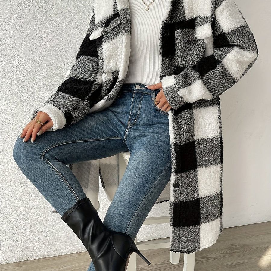 Women's Coat – Oversized Fit – Soft Teddy Texture – Checked Mid-Length Design