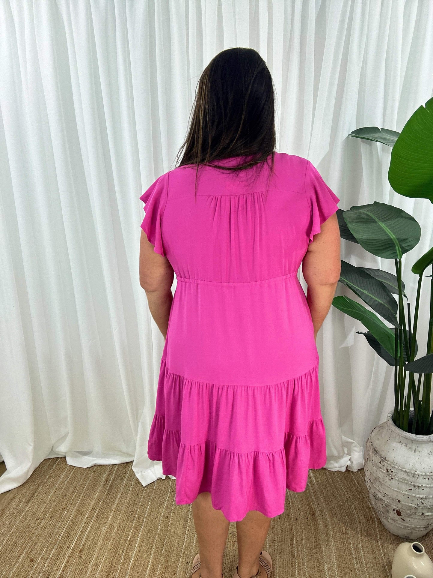 Women's Dress - V-neck - Button Closure - Adjustable Waist - Short Sleeves - Loose Fit