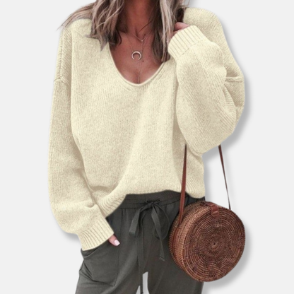 Women's Knit Sweater – Relaxed Fit – Deep V-Neck – Long Sleeves – Soft Wool Knit