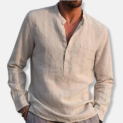 James Relaxed Fit Henley Shirt | Mandarin Collar Long Sleeve Shirt
