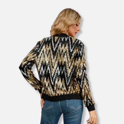 Isabella Sequined Cropped Bomber Jacket | Chevron Pattern Relaxed Fit Bomber Jacket