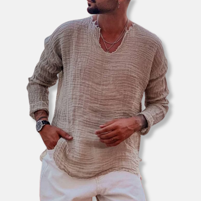 Men's Long-Sleeve Shirt - Relaxed Fit - Soft and Breathable - Raw Round Neck