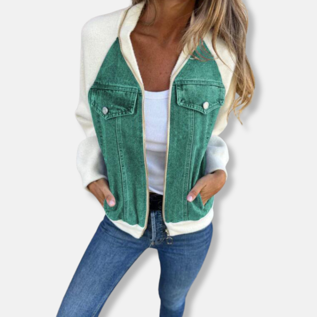 Women's Bomber Jacket – Relaxed Fit – Wool Look – Denim Details – Zipper Closure