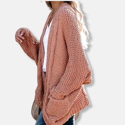Isla Wool Oversized Cardigan | Ribbed Open Front Pockets Cardigan