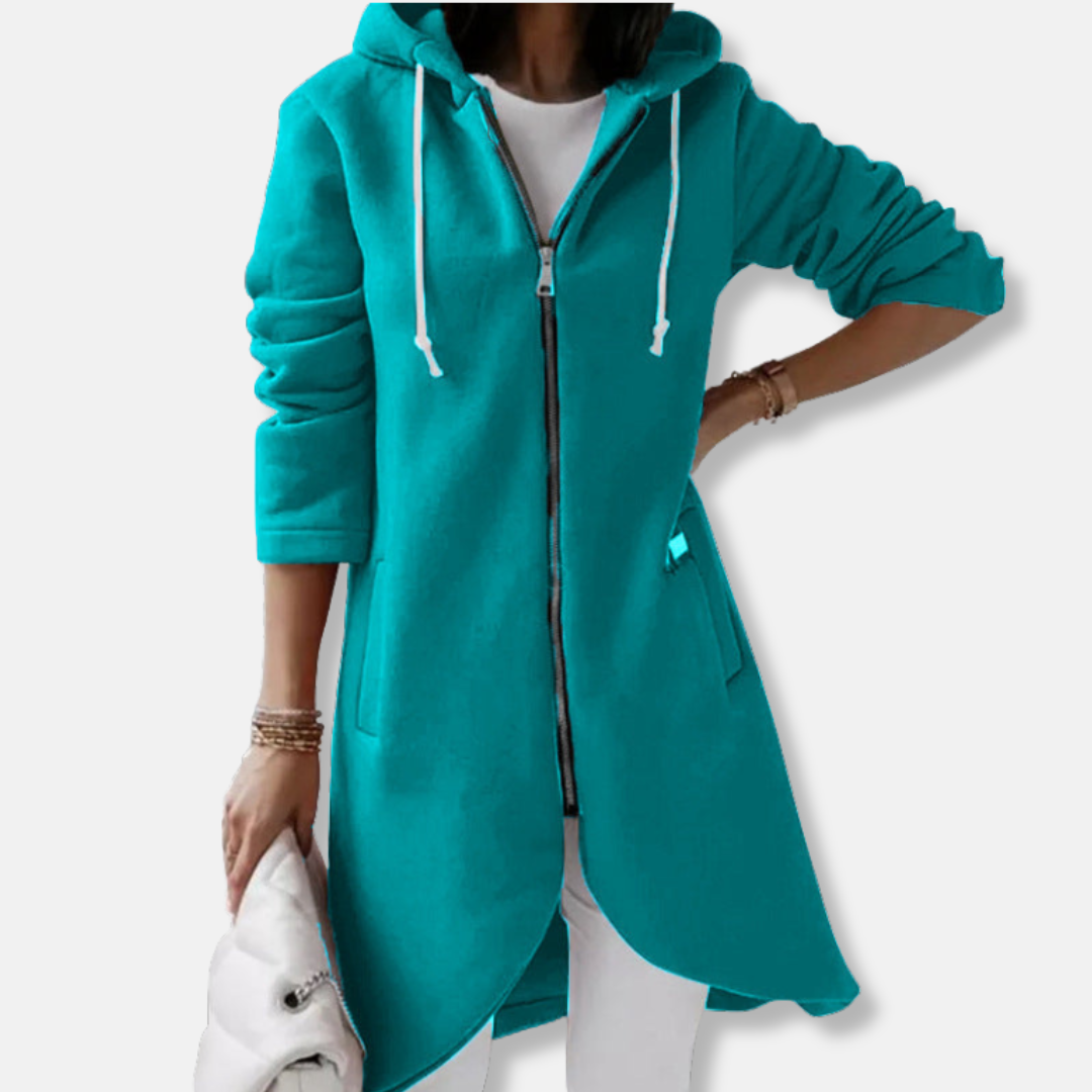 Women's Sweatshirt Jacket – Relaxed Fit – Drawstring Hood – Zipper – Mid-Length