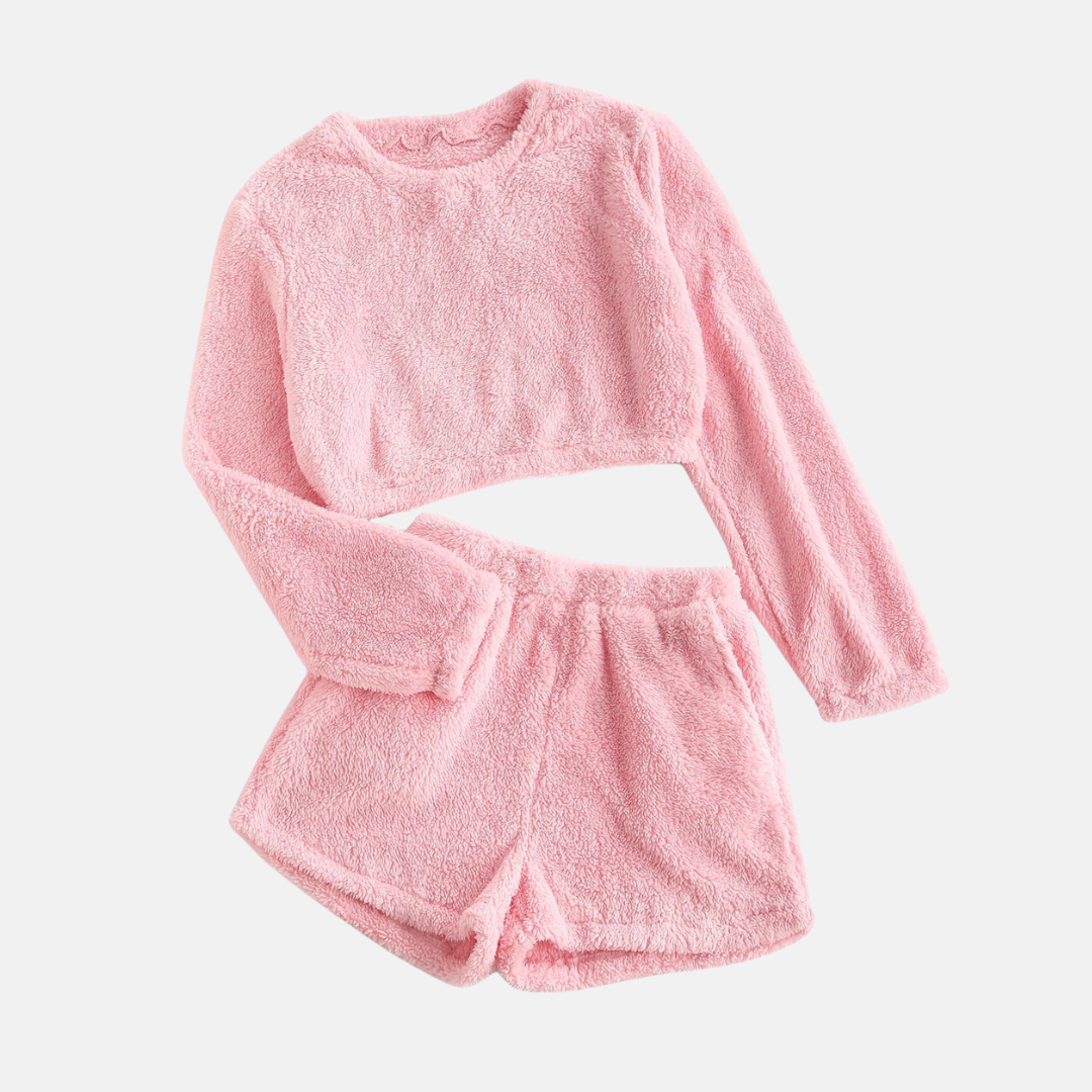 Women's Loungewear Set – Cropped Long-Sleeve Top – High-Waisted Shorts in Soft Fleece