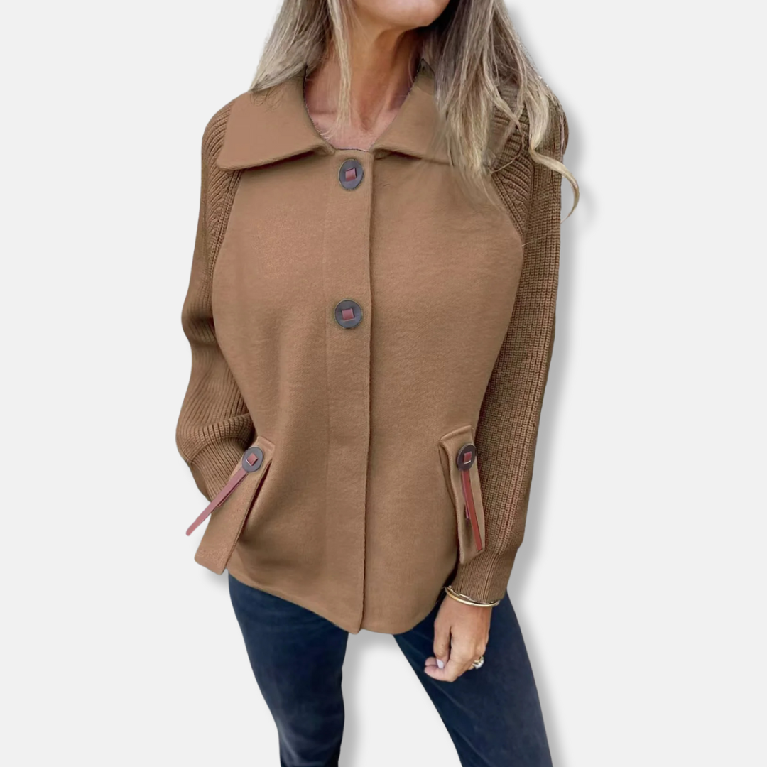 Women's Jacket – Relaxed Fit – Knitted Sleeves – Notched Collar – Button Closure