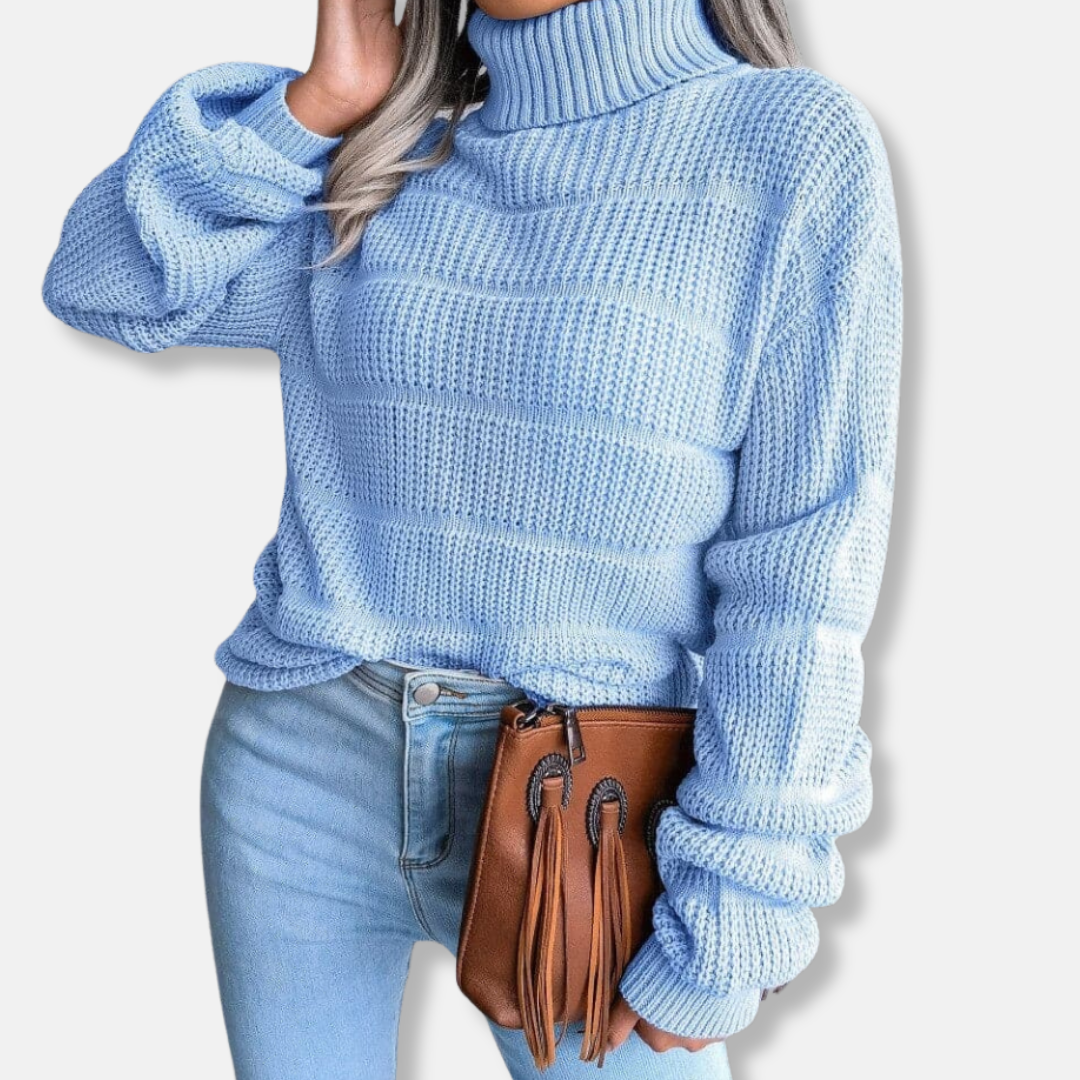 Women's Turtleneck Sweater - Soft Knit - Ribbed Design - Loose Fit - Long-Sleeved