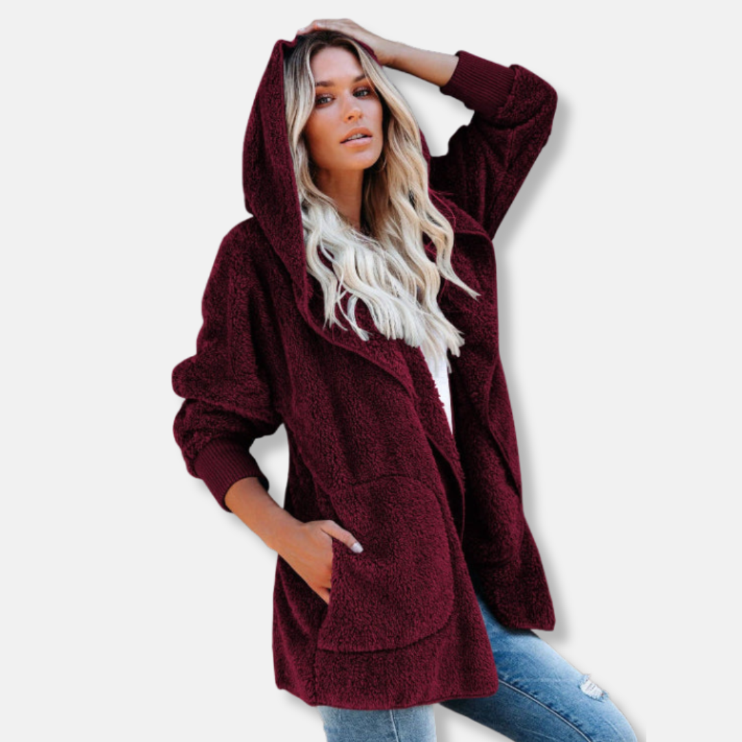 Women's Cardigan with Hood – Soft Sherpa Fleece – Oversized Fit – Open Design with Pockets