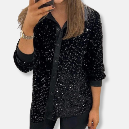 Women's Shirt – Relaxed Fit – Sequin Texture – Long-Sleeved Party Look