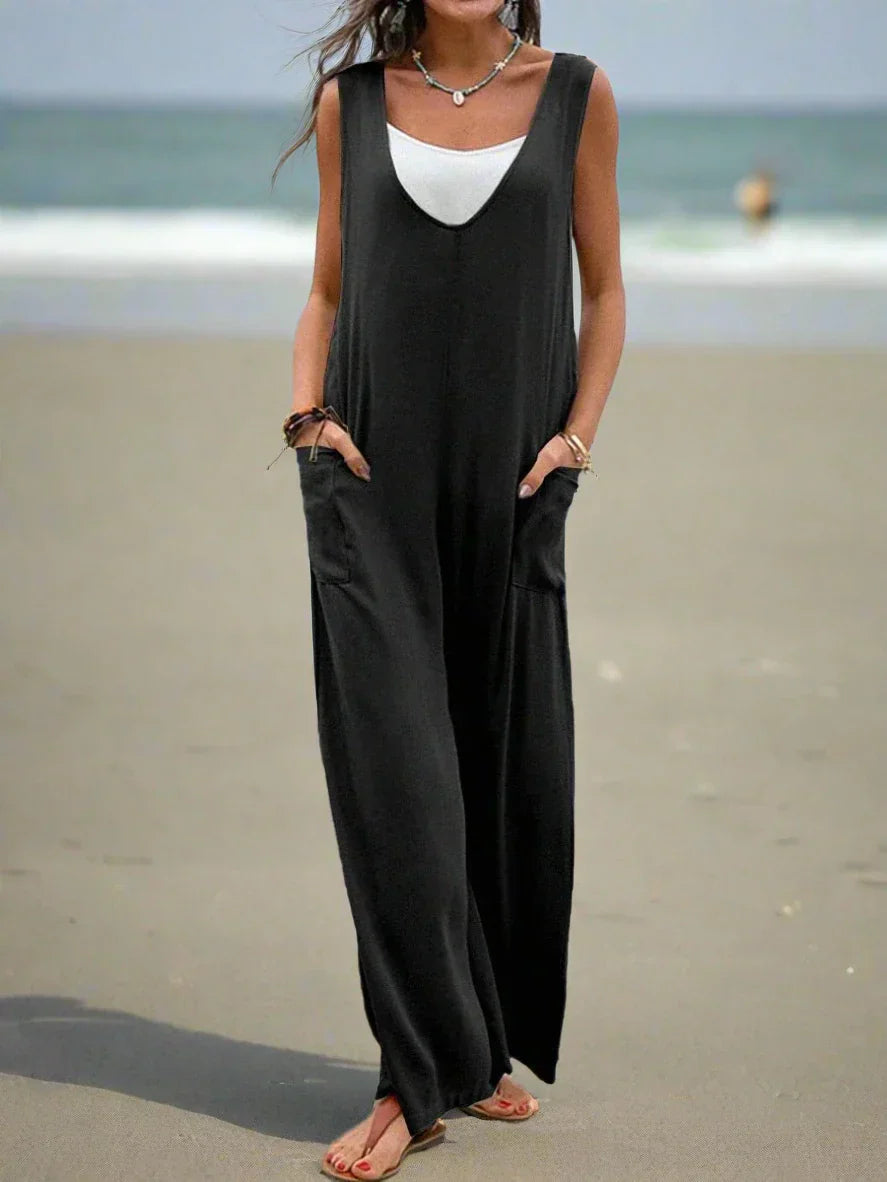 Women's Jumpsuit - Sleeveless - V-neck - Loose Fit - Wide Legs - Casual Comfort