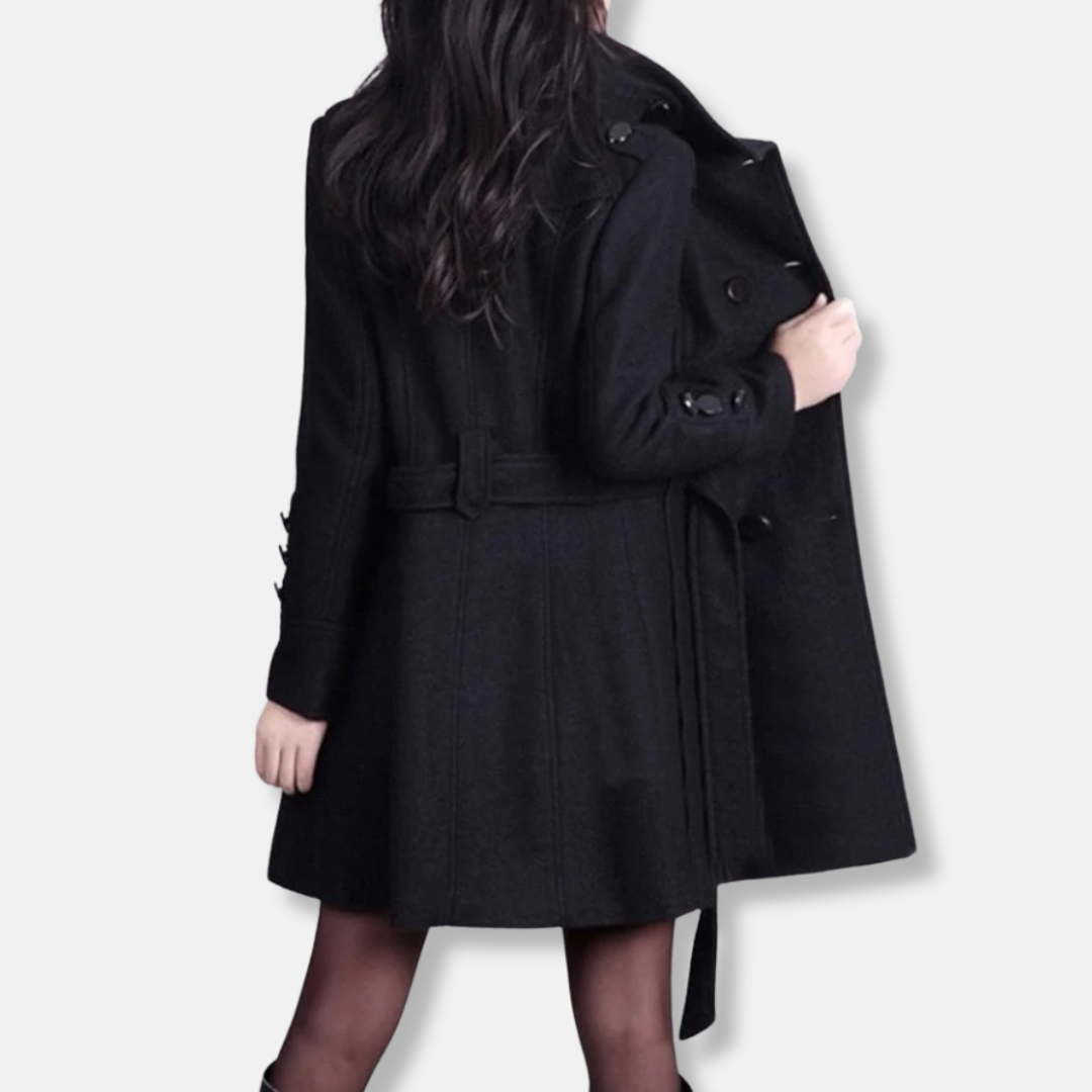 Women's Trench Coat - Wool Blend - Double Breasted Buttons - Belted Waist - Classic Cut