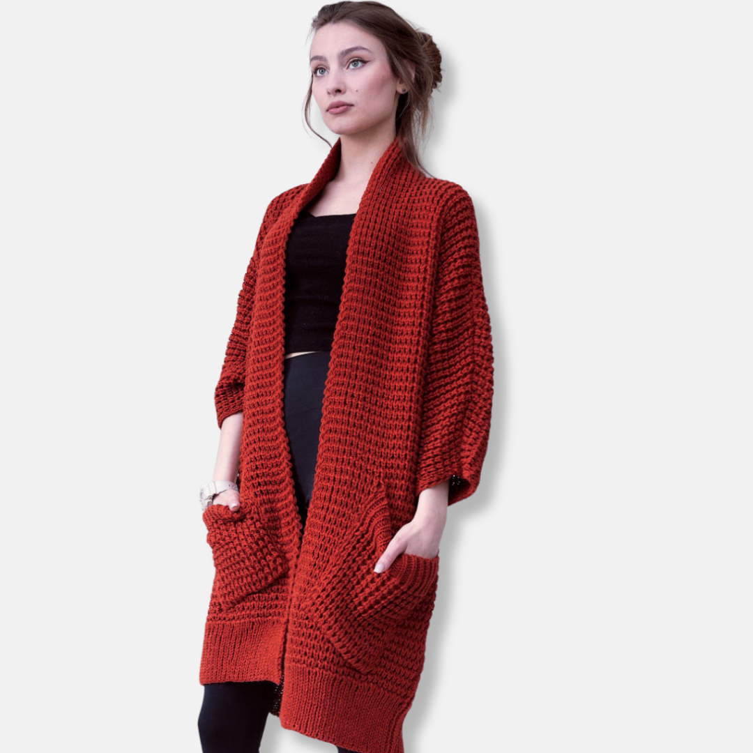 Women's Coat in Knit – Oversized Fit – Open Front – Patch Pockets – Ribbed Edges