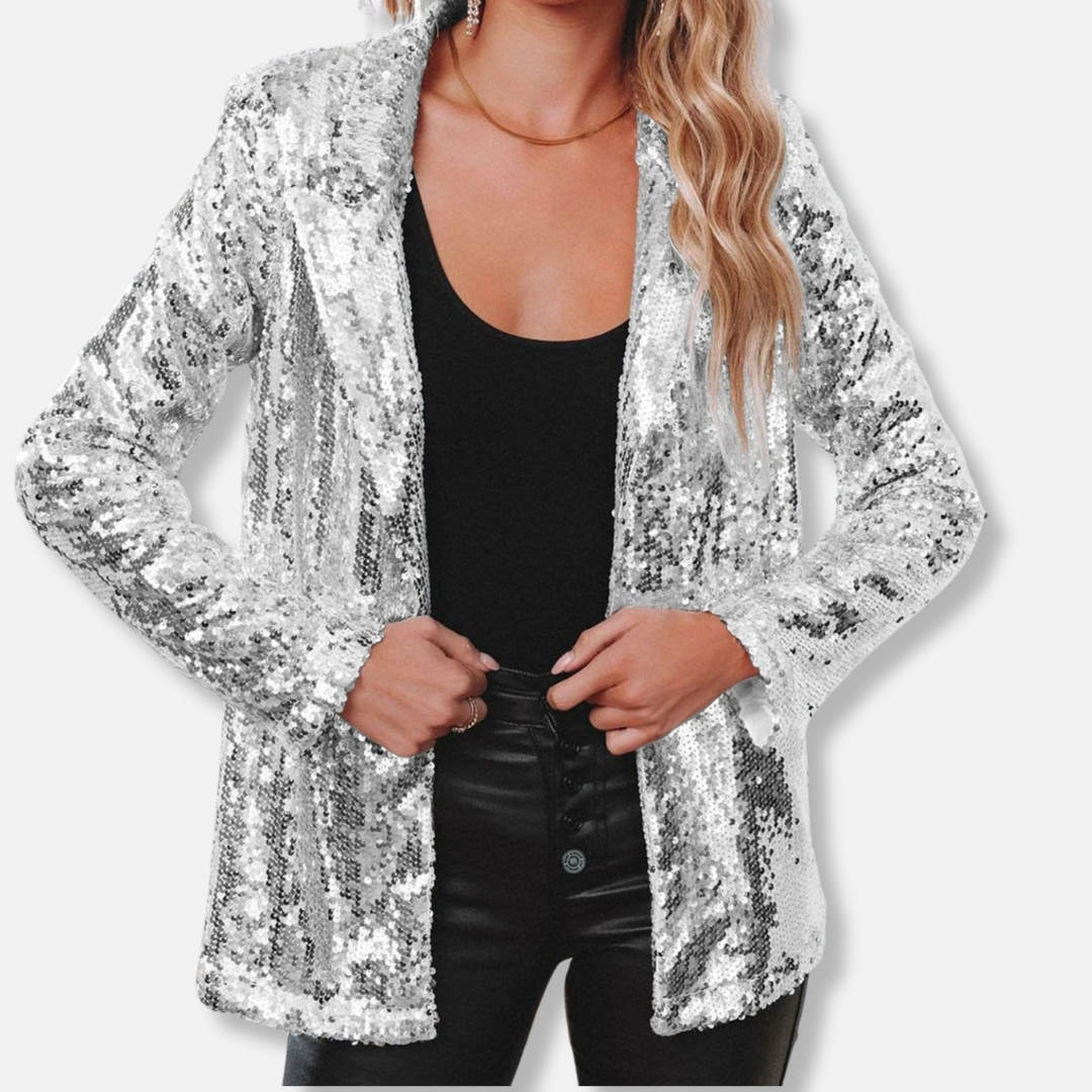 Olivia Sequin-Embellished Collared Blazer | Relaxed Fit Hip-Length Blazer