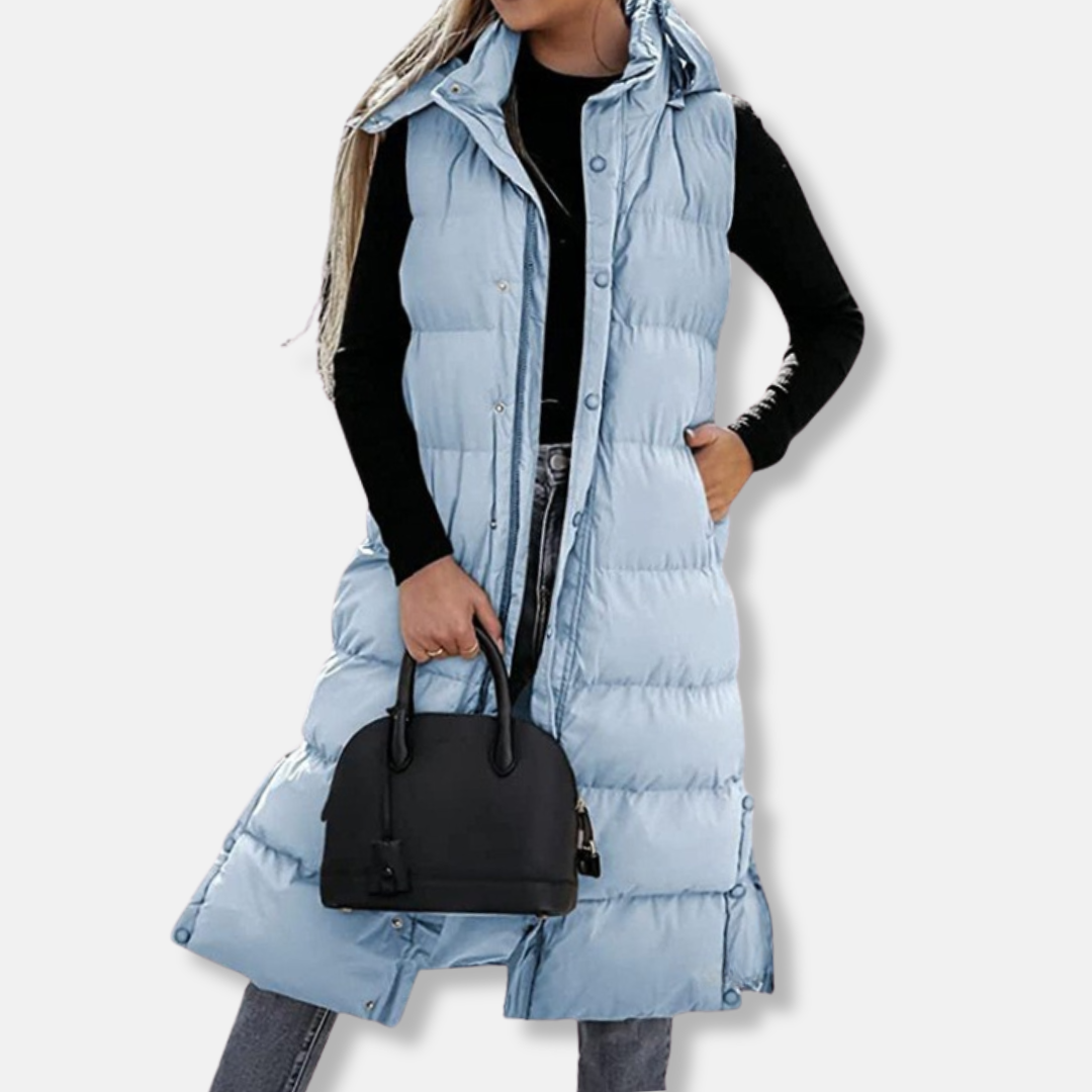 Veronica Long Puffer Vest | Quilted Hooded Sleeveless Vest