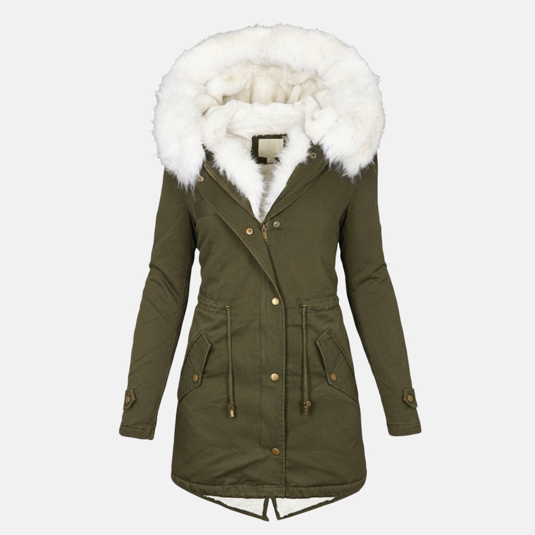 Women's Parka Jacket - Long Model - Water-Repellent - Faux Fur Hood - Adjustable Waist