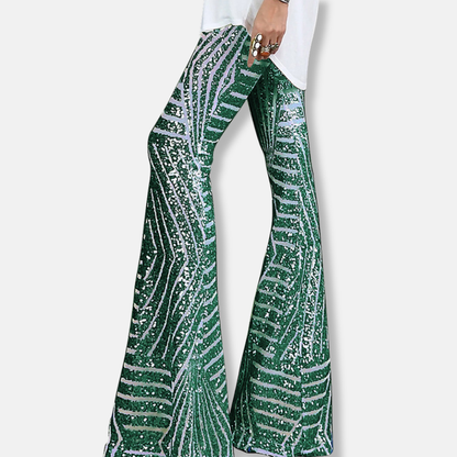 Women's Pants – High Waist – Sequin Pattern – Wide Leg – Elegant Full Length