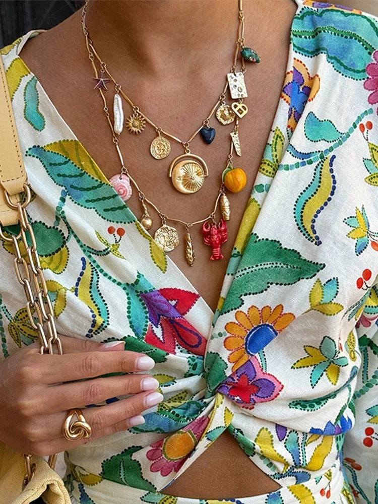 Women's Maxi Dress - Floral Print - Long-Sleeved with V-Neck - Loose Fit - Bohemian Style