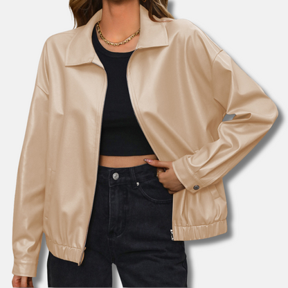 Women's Biker Jacket – Relaxed Fit – Short – Shiny Finish – Zipper and Snap Buttons