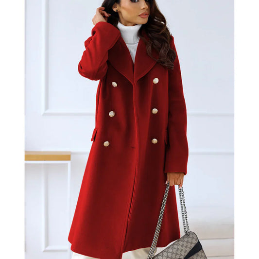 Women's Coat Long – Tailored Fit – Double Row Buttons – Wide Lapels