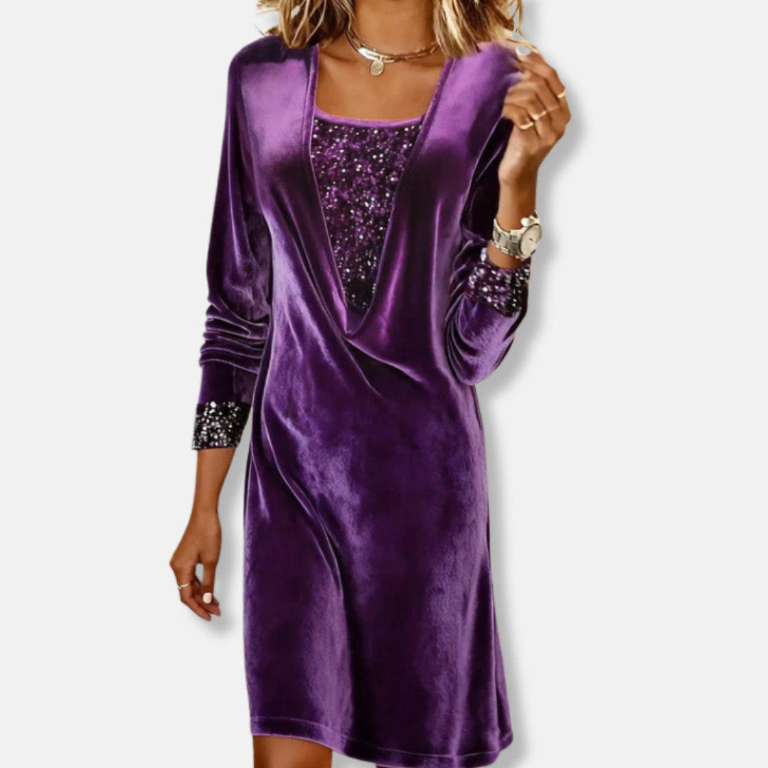 Isla Sequin Embellished Draped Knee-Length Dress | Cowl Neck Long Sleeve Dress