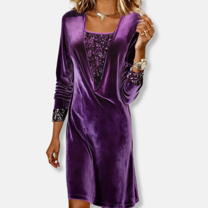 Isla Sequin Embellished Draped Knee-Length Dress | Cowl Neck Long Sleeve Dress