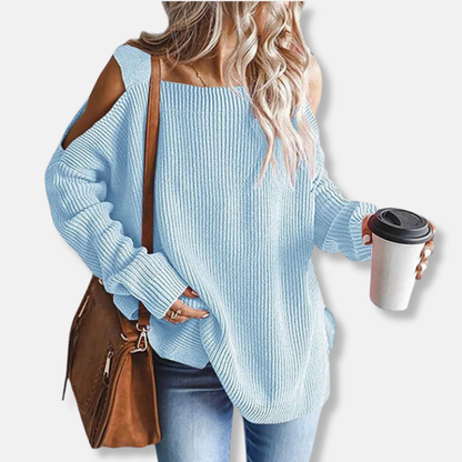 Women's sweater - Open shoulder knit - Loose fit - Ribbed texture