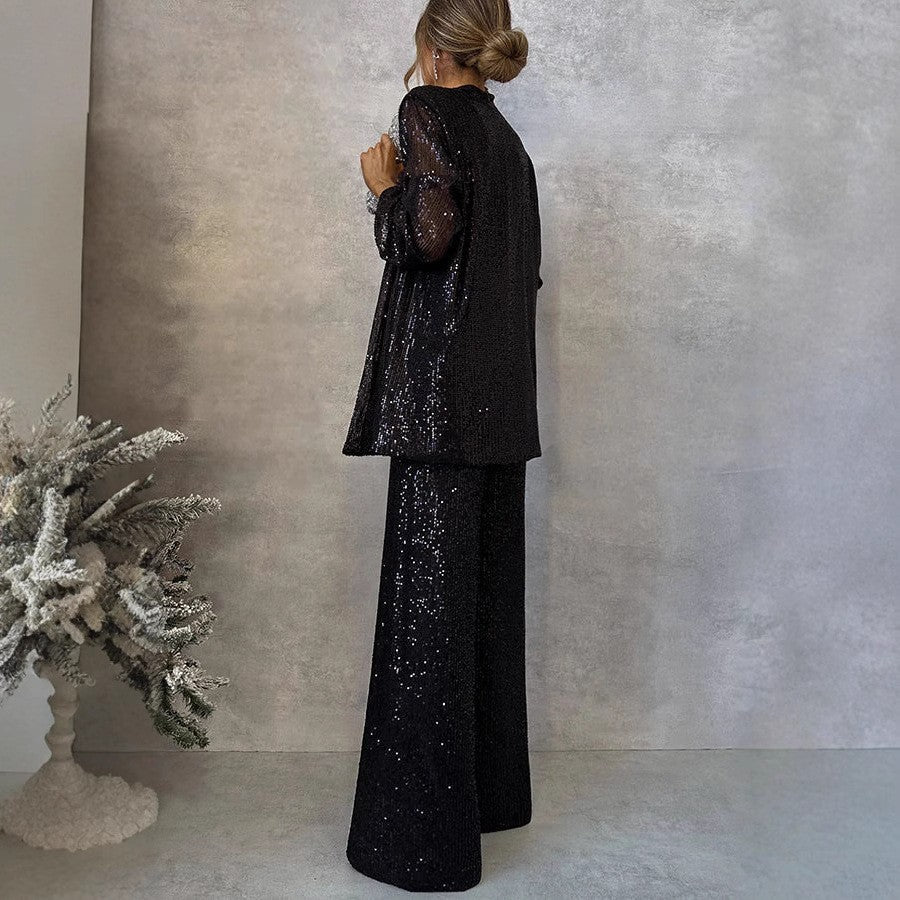 Isla Sequin Embellished Blazer Jacket and High-Waist Wide Leg Trousers Two-Piece Set | Relaxed Fit Open Front Jacket Party Trousers