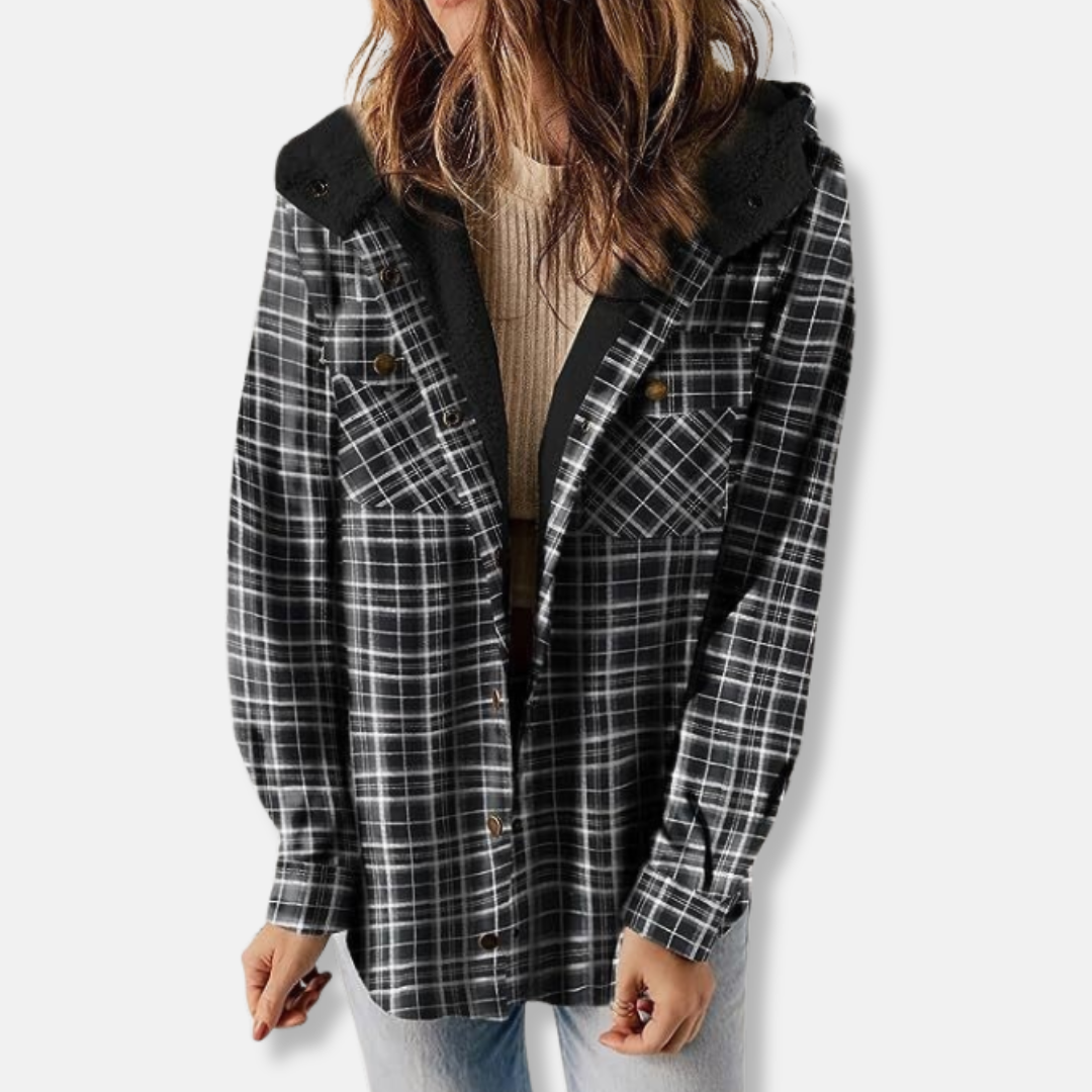 Sienna Hooded Shirt Jacket | Relaxed Fit Check Shirt Jacket