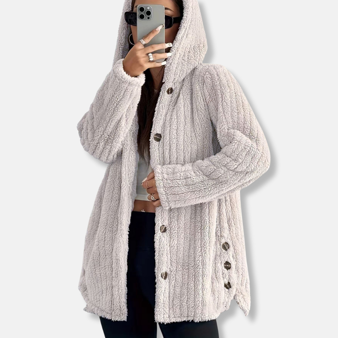 Women's Coat – Oversize Fit – Hood – Soft Texture – Button Closure – Mid-Length