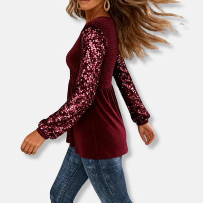 Amelia Peplum Top | Smocked Bodice Sequin Sleeves Peplum Top