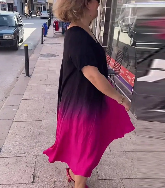 Dame Kjole – Løs Pasform – V-Hals – Knælængde – Korte Ærmer – Blød Drape