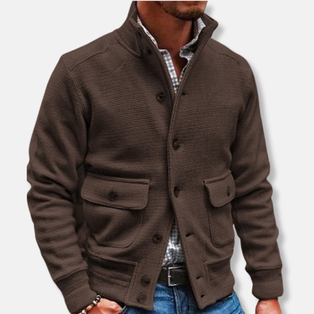 Men's Jacket – Slim Fit – Ribbed Texture – High Collar – Button Closure – Flap Pockets