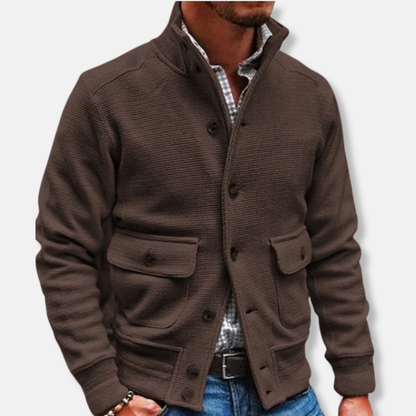 Men's Jacket – Slim Fit – Ribbed Texture – High Collar – Button Closure – Flap Pockets