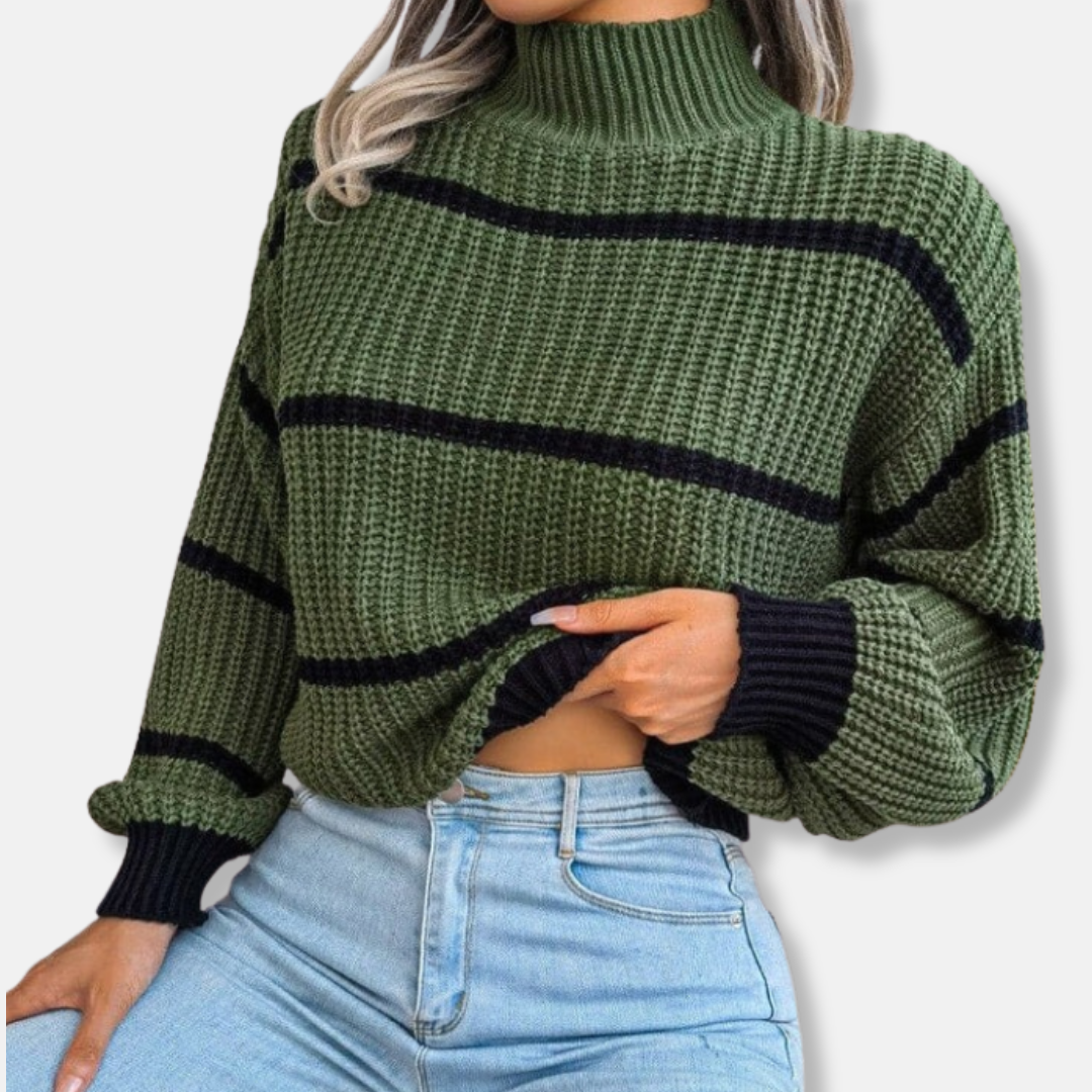 Women's Knit Sweater - Soft Ribbed Turtleneck - Relaxed Fit - Classic Stripes