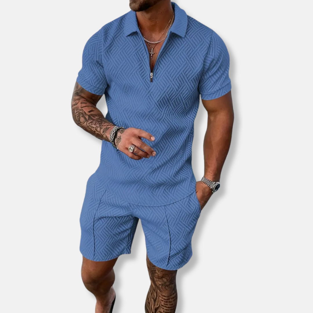 Men's Polo Set – Slim Fit – Breathable Texture – Zipper Closure – Casual Style