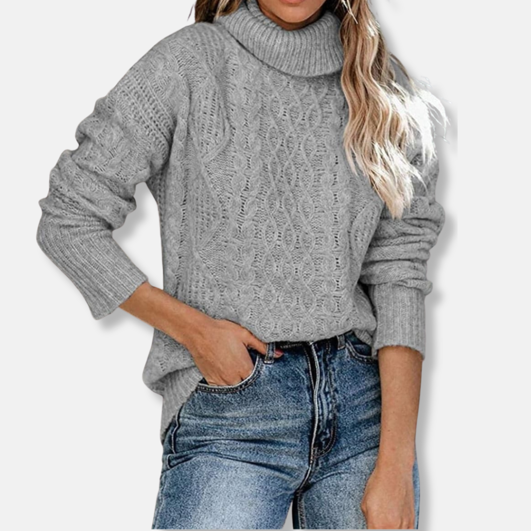 Rosie Turtleneck Sweater | Cable Knit Tunic Length Sweater