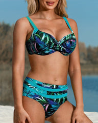 Women's Bikini Set – Supportive Twist-Top – High Waist – Tropical Leaf Pattern